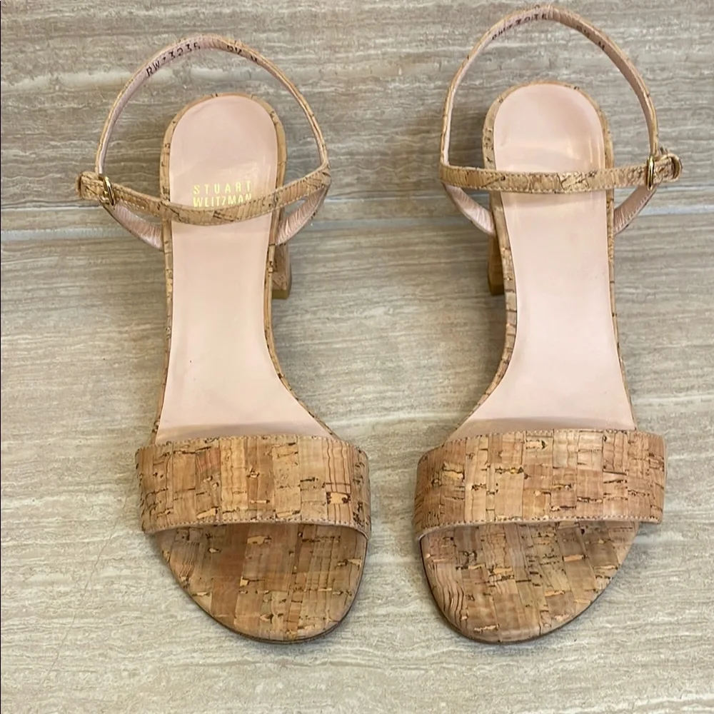 STUART WEITZMAN UGC Women’s Size 9.5 Tan Cork Block Heel Sandals Buckle - Picture 3 of 17